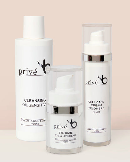 privé b Set - Cleansing Oil Sensitive + Eye &amp; Lip Cream + Cell Care Cream Telomere Rich